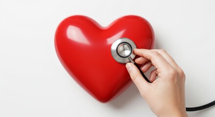 A stethoscope examines a vibrant red heart, illustrating health and medical concepts.