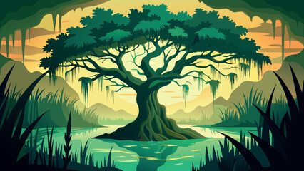 Vector art of a large tree with hanging moss stands in a swampy landscape at sunset, with reflections in the water © VectEasy