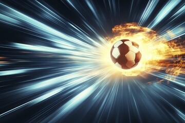 Dynamic soccer ball explosion with fiery motion trails against radiant background