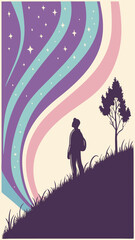 Fototapeta premium Silhouette of a person gazing at a cosmic rainbow on a white background
