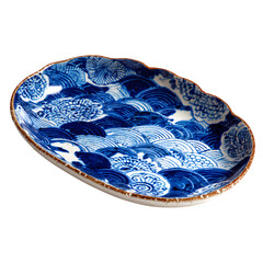 Porcelain sushi platter with blue wave pattern, glossy finish, oval shape, subtle rim detailing, transparent background, placed on wooden surface for authentic display