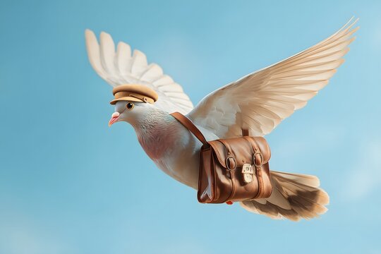 A carrier pigeon or white dove wearing a postman's cap and leather satchel, delivering a package. A symbol for mail, message, and fast communication service, flying in a clear blue sky. 
