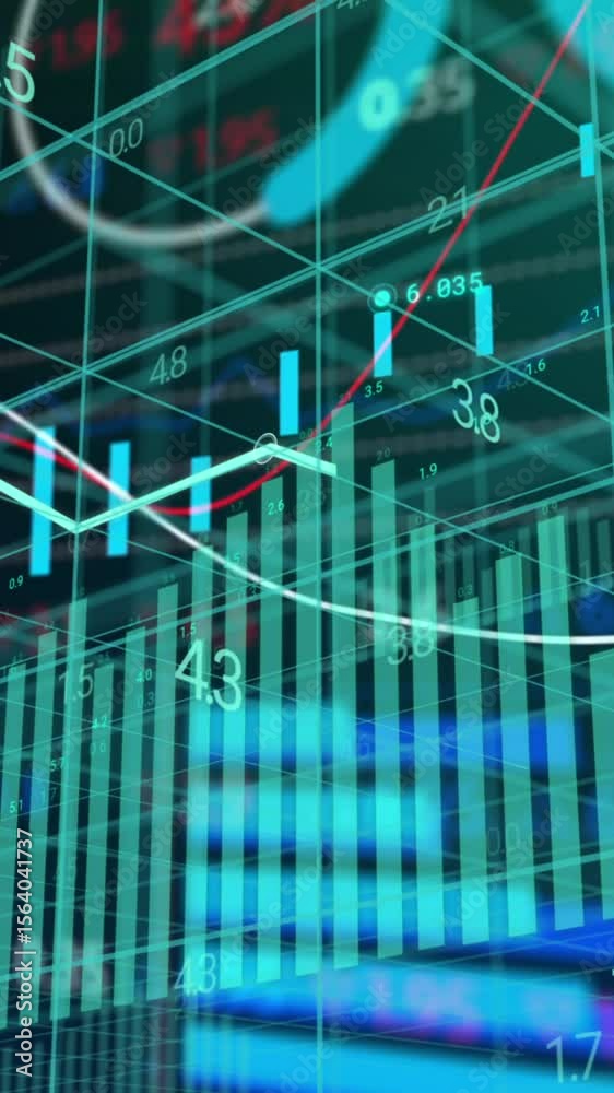 Poster animation of layers of graphs, charts and processing data over 3d grid
