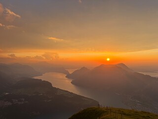sunset in the mountains taken from the frohnalpstock, stoos, schwyz, switzerland