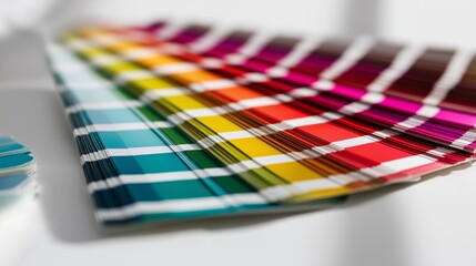 Diverse color swatch books laid out on a white surface showcasing a spectrum of hues in precise arrangements with soft shadows