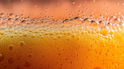 Close-up capture of vibrant carrot juice foam with tiny bubbles creating a color gradient above the glass surface during a sunny afternoon
