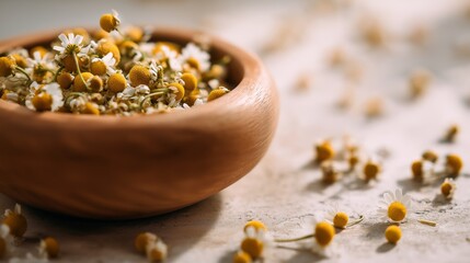 Close-up of chamomile flowers gently crushed in a wooden bowl against a bright neutral backdrop showcasing organic tones in soft natural lighting
