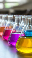 Colorful conical flasks filled with liquids arranged in a precise row under bright clinical light showcasing vibrant symmetry during a scientific experiment