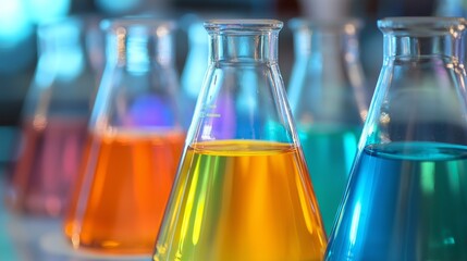 Close-up view of conical flasks filled with vibrant colored liquids arranged symmetrically under bright clinical lighting in a laboratory setting
