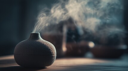 Close-up view of essential oils diffusing from a stone diffuser, creating a calming atmosphere in a serene environment