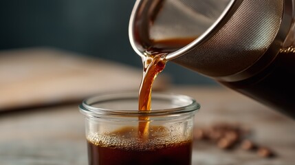 Pouring dark cold brew coffee through a fine mesh strainer into a glass bottle with soft shadows on a clean surface
