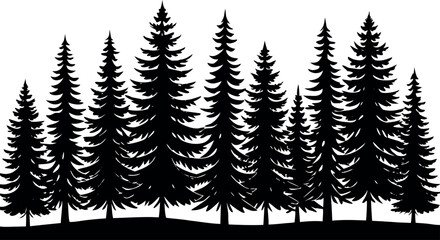 Fototapeta premium Vector art of a dense silhouette of evergreen trees creates a serene forest landscape isolated on white background