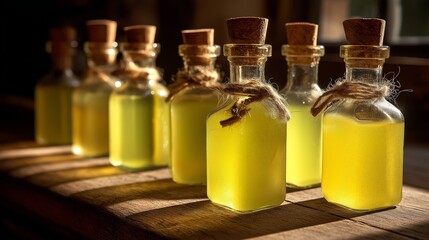 Close-up view of cork-topped limoncello bottles on a wooden table illuminated by natural backlight, showcasing vibrant yellow colors and rustic charm