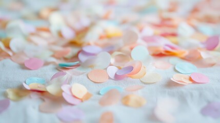 Pastel confetti beautifully scattered across a white linen tablecloth in soft light creating a dreamy and celebratory atmosphere for a festive occasion