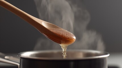 Close-up of sugar syrup being stirred in a pot with soft steam rising in a neutral-lit kitchen, showcasing the texture and consistency of the cooking process
