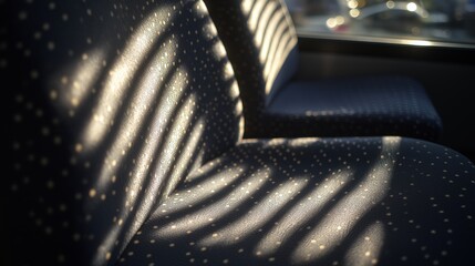 Sunlight creates geometric patterns on an empty bus seat, showcasing the interplay of light and shadow during a quiet afternoon ride