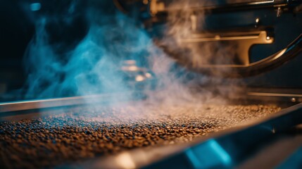 Close-up view of steam swirling from fresh coffee beans in a cooling tray within an industrial roasting facility during the roasting process