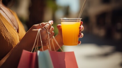 Close-up view of tanned hands holding cold lemonade and colorful shopping bags in front of a stylish boutique during a sunny day