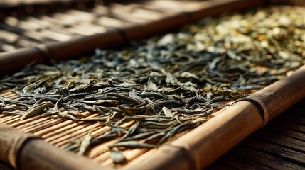 Close-up view of tea leaves drying on bamboo tray under soft lighting during afternoon in traditional tea processing area