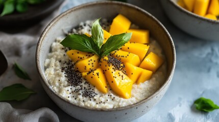 Delightful bowl of quinoa breakfast porridge topped with fresh mango and coconut milk, served on a soft neutral tabletop with airy light