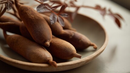 Close-up view of whole tamarind pods arranged on a ceramic plate with earthy textures and soft light showcasing their natural beauty