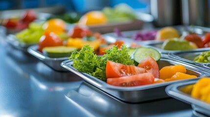 Bright cafeteria tray showcases healthy food options, promoting nutritious lunches in a clean and inviting lunchroom atmosphere