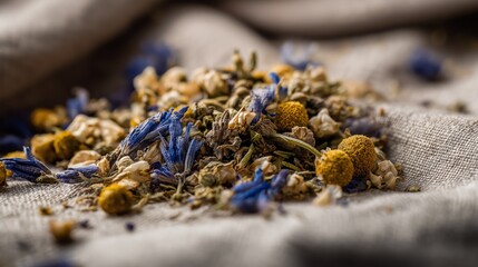 Calming nighttime blend of dried chamomile, lemon balm, and lavender arranged on a soft linen napkin at dusk