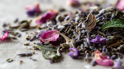 Detailed view of dried herb blend featuring lavender, rose petals, and mint arranged on soft neutral background illuminated by overhead light