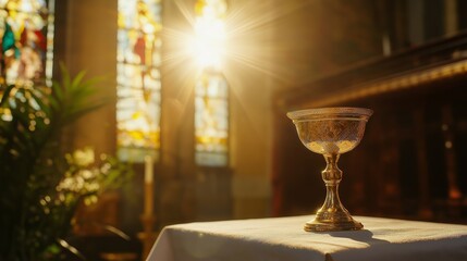 Golden chalice resting on a linen altar illuminated by stained glass light during a serene moment in a quiet church
