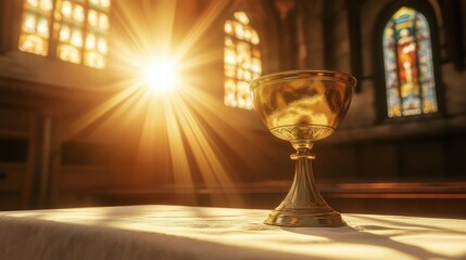 Illuminated gold chalice on a linen altar with vibrant stained glass backdrop capturing serene light reflections in a sacred space