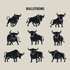 Collection of Powerful Bull Silhouettes Displaying Strength and Power Nine black bull silhouettes various poses bull silhouette animal powerful strong logo vector illustration