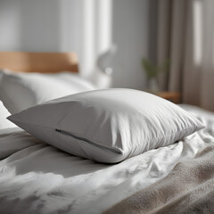 Pillow on Bed: A close-up captures a crisp, white pillow resting on a neatly made bed, the soft lighting enhances the comforting, cozy atmosphere.