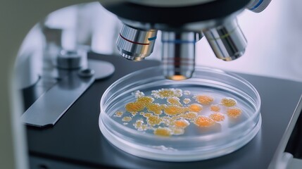 Detailed view of bacterial culture in petri dish examined under microscope in clinical laboratory setting