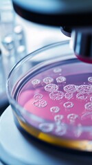 Detail shot of a petri dish with bacterial culture under microscope on a white clinical background during laboratory analysis