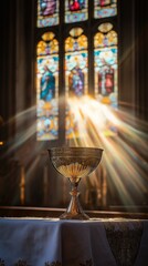 Golden chalice glimmers on altar with stained glass light illuminating background during sacred moment in a serene environment