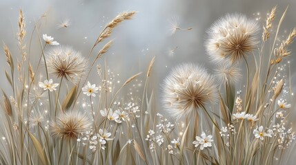 Obraz premium Delicate floral illustration with dandelions and grasses. AI-generated.