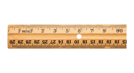 Wooden ruler with inch and centimeter measurements on transparent background