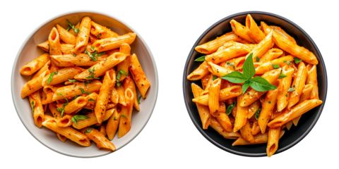 Set of Penne alla Vodka pasta in a pink tomato cream sauce Isolated on transparent or white background
