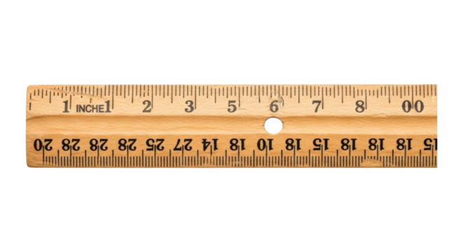 Wooden ruler with inch and centimeter measurements on transparent background