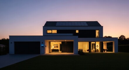 modern luxury home at twilight with solar panels and electric vehicle charging station