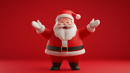 3D character of Santa Claus in a red suit with raised hands on a red background. Cheerful festive mood, Christmas, New Year.