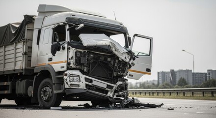 White truck damaged in a serious car accident on a highway. Front of the vehicle is heavily crushed. Concept of transport collision and insurance claim.