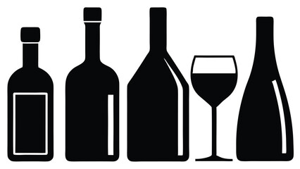 Collection of Wine Bottles and Glass Elegant Black Silhouettes for Design Projects