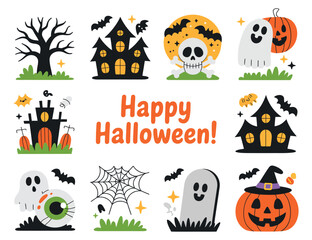 Cute and Colorful Halloween Icons Set with Happy Halloween Greeting Collection simple themed illustrations halloween happy halloween icons illustrations graphics cute colorful spooky