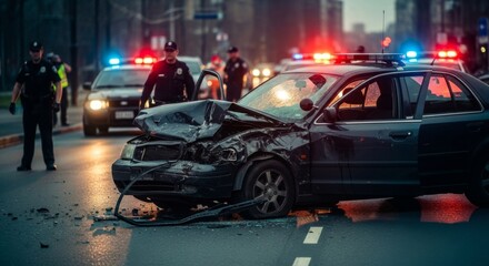 A police officer at the scene of a demolished car accident on a city street. Damaged vehicle after collision. Traffic incident.