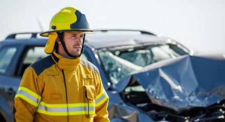 Young man firefighter at car accident scene. Emergency service for vehicle crash. Roadside assistance and rescue concept.