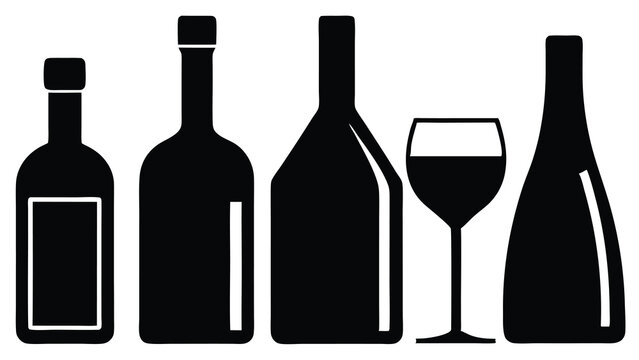 Collection of Wine Bottles and Glass Elegant Black Silhouettes for Design Projects