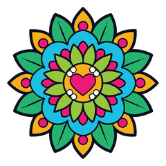 Vibrant Floral Mandala Design with Heart Center Colorful Symmetrical Pattern for Art, Print, and Decoration