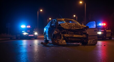 A car accident at night with a damaged vehicle and police cars investigating the scene. Automobile crash.