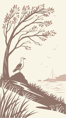 Fototapeta premium Tranquil coastal scene featuring a seagull tree and sailing boat on a transparent background
